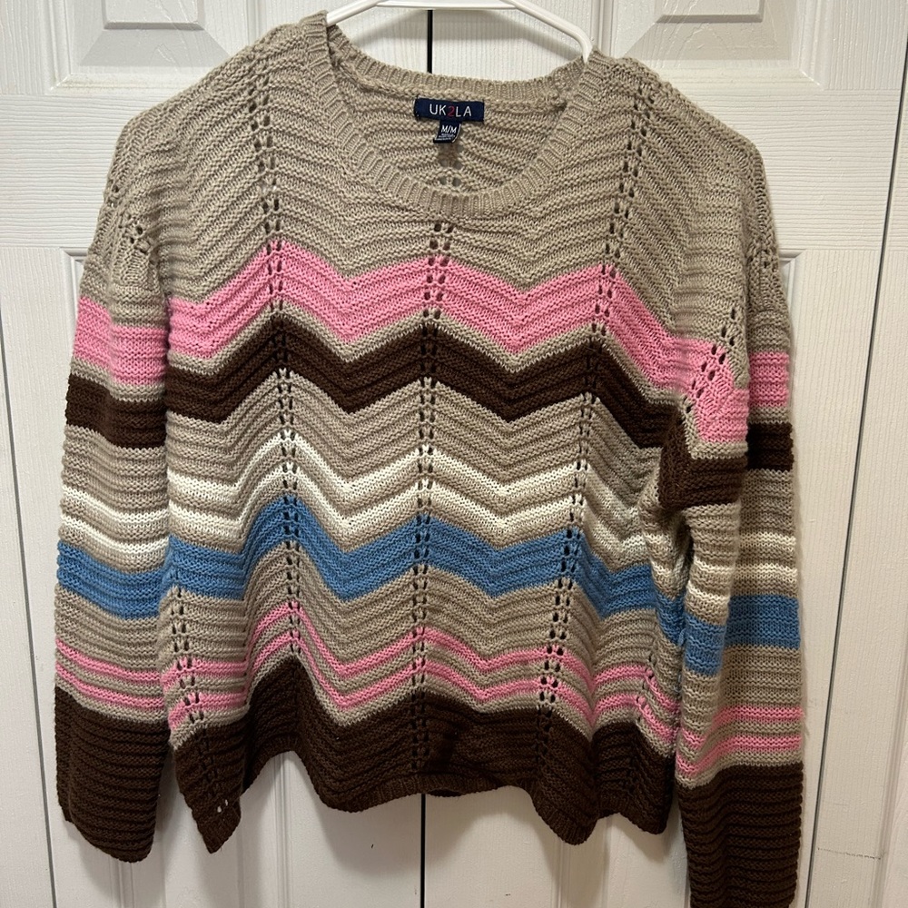 UK2LA Brown and Pink Chevron Crew Neck Sweater